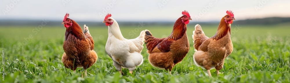 Fototapeta premium Free-range chickens grazing on a green pasture, organic farming methods, humane animal husbandry