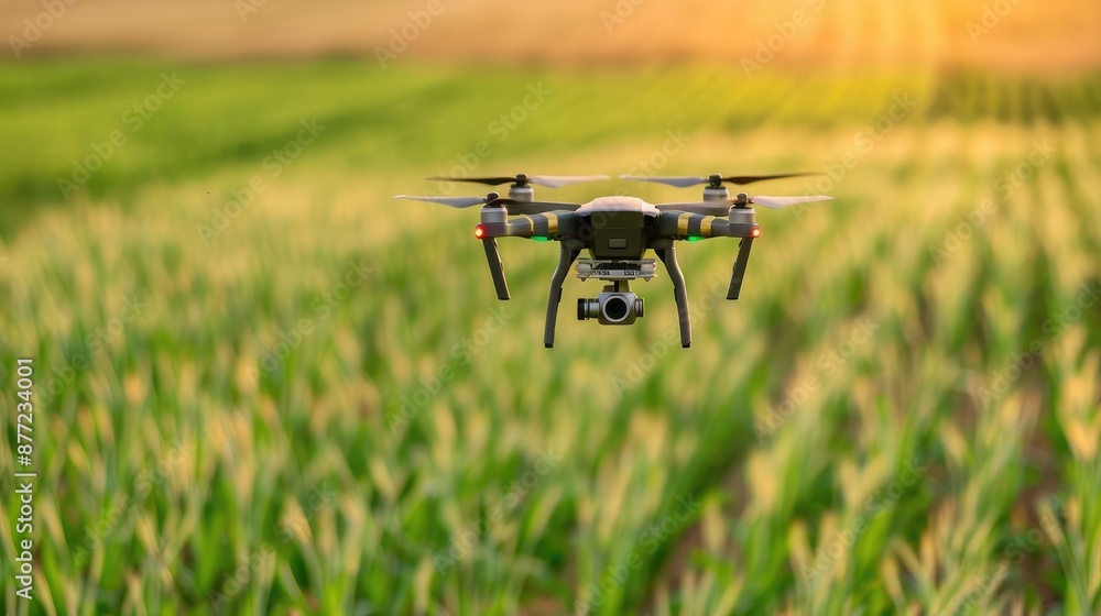 Modern farmer using drone technology for crop monitoring, sustainable crop management, precision agriculture Modern farmer using drone technology for crop monitoring, sustainable crop management, precision agriculture