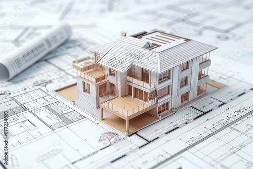 3d rendering of a detailed house model over architectural blueprints and plans