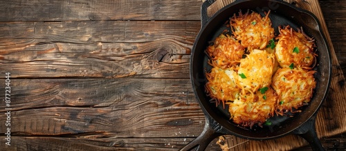Top view of traditional Hanukkah dish potato latkes on iron skillet set against a rustic wooden backdrop framing a space for text in the image. with copy space image. Place for adding text or design photo