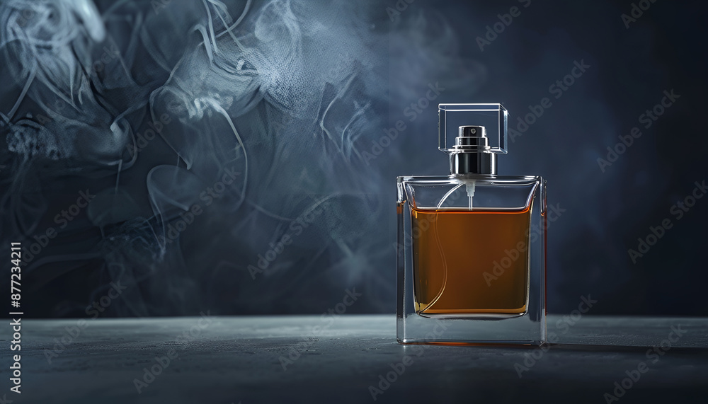 Luxury men`s perfume in bottle on grey table against dark background Luxury men`s perfume in bottle on grey table against dark background