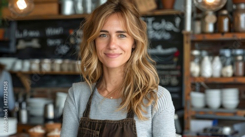 Smiling barista in a cozy coffee shop wearing a brown apron, surrounded by shelves with coffee and kitchenware in the background.