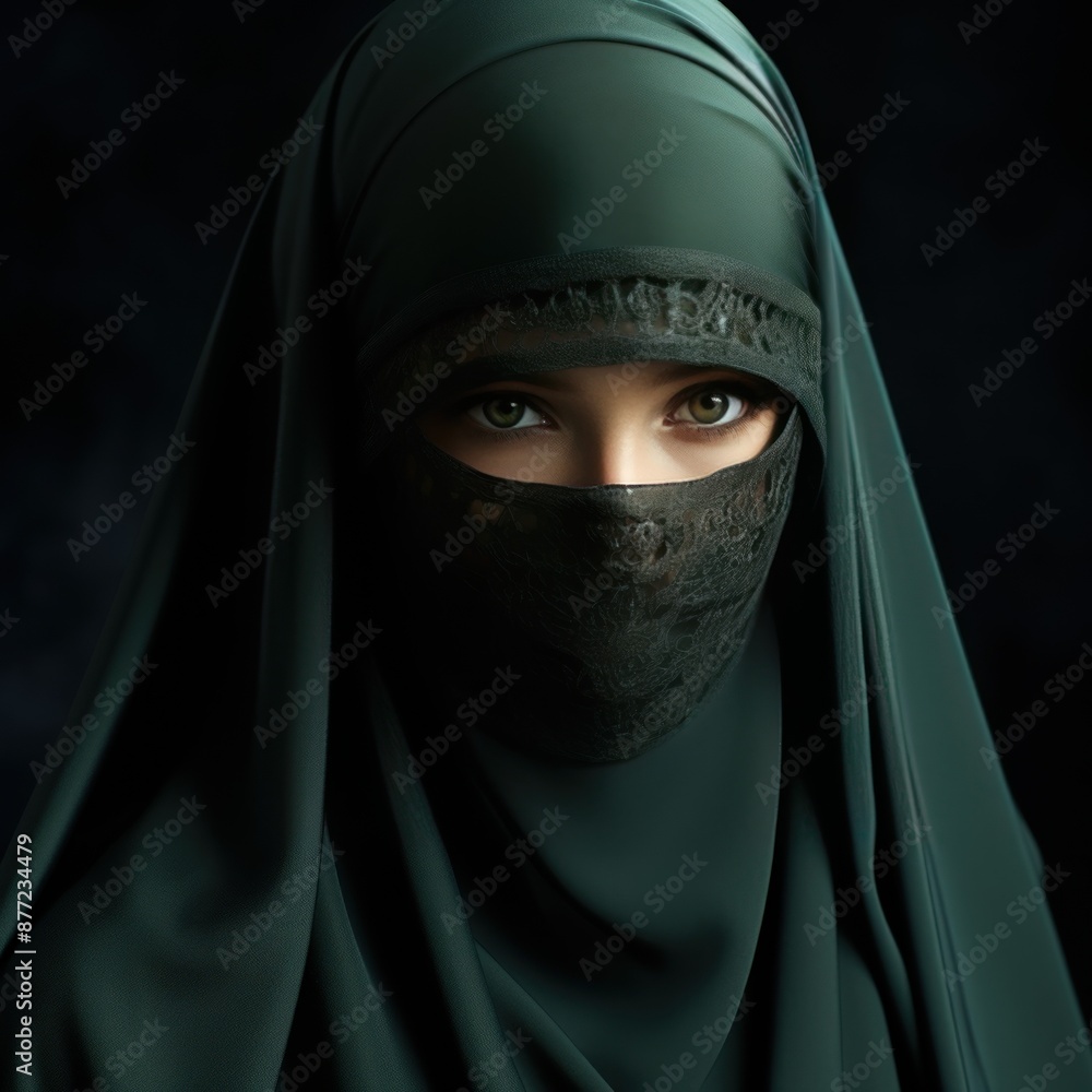 Arabic woman wearing a dark green hijab and black lace face covering against a dark background Arabic woman wearing a dark green hijab and black lace face covering against a dark background