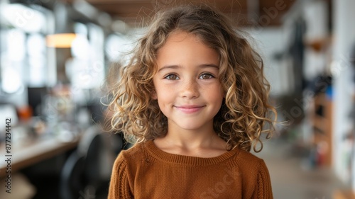Smiling young girl with curly hair, wearing a brown shirt, standing in a modern office space with natural light.