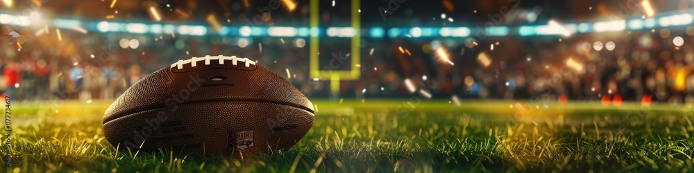 Naklejka premium Close-Up Shot of an American Football on a Green Field Illuminated by Stadium Lights, with Cheering Crowd in the Background. Capturing the Atmosphere of a Night Football League Game in High-Definition