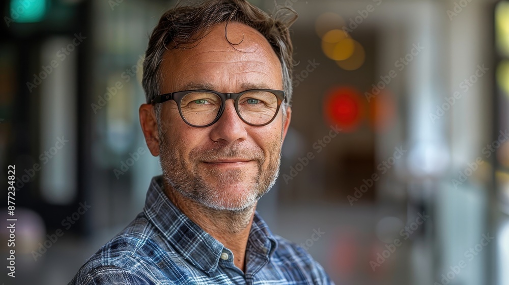 Confident middle-aged man with glasses and beard in casual shirt smiling indoors, professional portrait with blurred background. Confident middle-aged man with glasses and beard in casual shirt smiling indoors, professional portrait with blurred background.