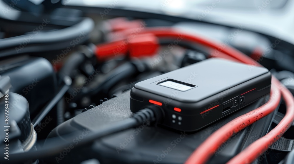 Portable jump starter connected to car battery, digital display showing charge level, engine compartment visible Portable jump starter connected to car battery, digital display showing charge level, engine compartment visible