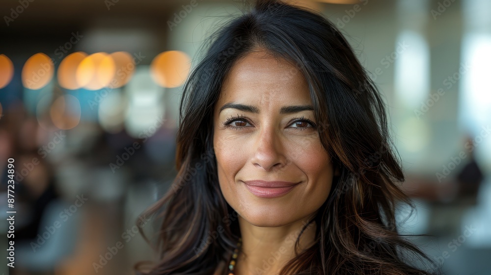Confident woman with long hair smiling and looking at the camera, blurred background with warm lights and people. Confident woman with long hair smiling and looking at the camera, blurred background with warm lights and people.