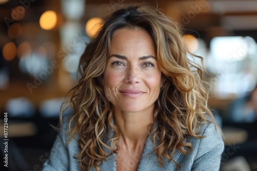 Wallpaper Mural Confident woman with curly hair and grey blazer smiling at the camera in a warmly lit indoor setting. Torontodigital.ca