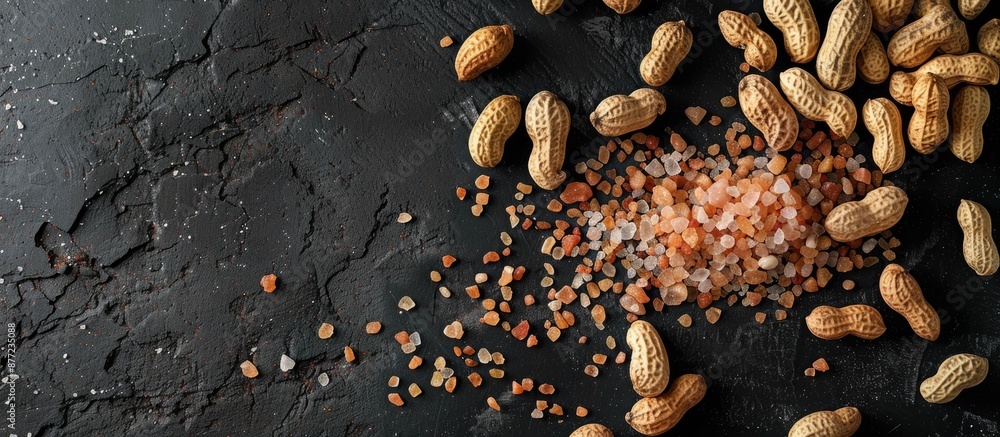 Fototapeta premium Dark gray backdrop with Himalayan coarse salt complementing peanuts on the image leaving a large area for text copy space image