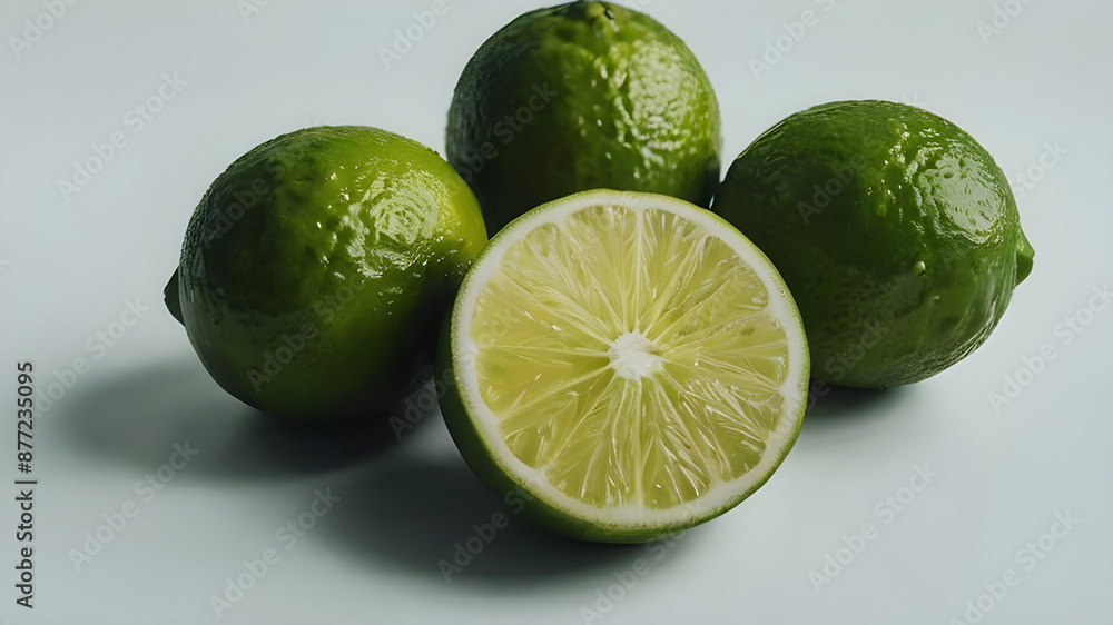 Vibrant green lime fruit and slices on a clean white backdrop, perfect for refreshing beverage and culinary concepts Vibrant green lime fruit and slices on a clean white backdrop, perfect for refreshing beverage and culinary concepts