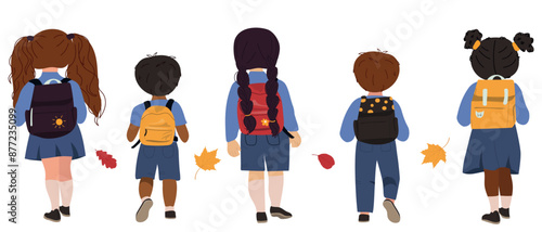 Childrens school horizontal vector illustration.  Back view pupils in uniform going to school 