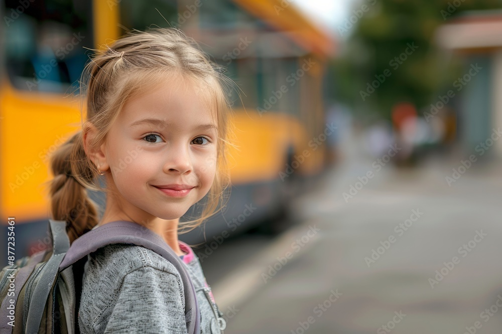 schoolgirl girl. cheerful little girl with a yellow backpack, standing near a school bus, close-up, study concept schoolgirl girl. cheerful little girl with a yellow backpack, standing near a school bus, close-up, study concept