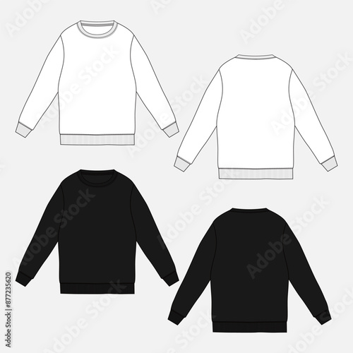 Long sleeve Sweatshirt technical drawing fashion flat sketch vector illustration white and black color template front and back views. Clothing design mock up card easy edit and customizable