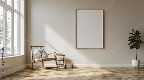 Minimalist White Frame on Living Room Wall with Rocking Chair and Wooden Floors