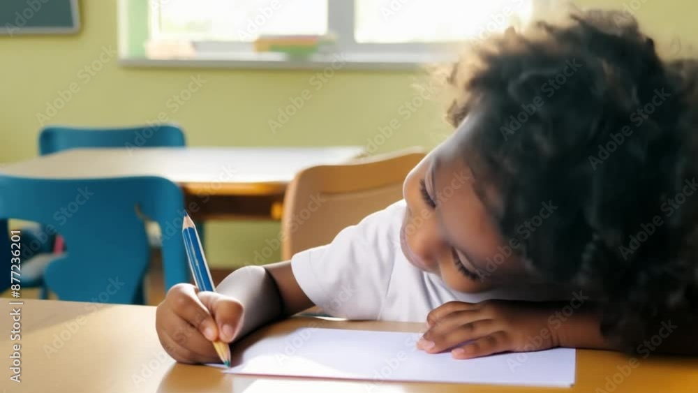 Happy Portrait of cheerful African American boy sitting at school desk looking at camera smiling, Child with afro hair writing on a paper in classroom. Education,learning concept 4k Happy Portrait of cheerful African American boy sitting at school desk looking at camera smiling, Child with afro hair writing on a paper in classroom. Education,learning concept 4k
