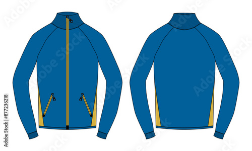 Long sleeve Bomber jacket technical drawing fashion flat sketch vector illustration blue color template for men's. Apparel design mockup easy edit and customizable