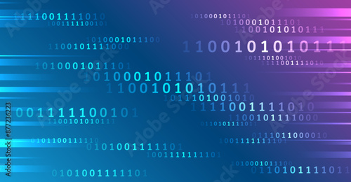 Program code. Computer background of numbers. Flying data illustration. Analytics, sorting, structuring, transferring information. Blue background with data flow. Binary code, artificial intelligence.