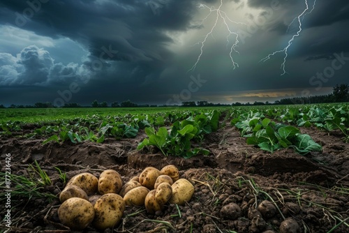 A batch of potatoes lies unearthed in a neatly plowed, verdant field with dramatic lightning illuminating the sky, capturing the raw energy and power of nature's forces in a picturesque setting photo