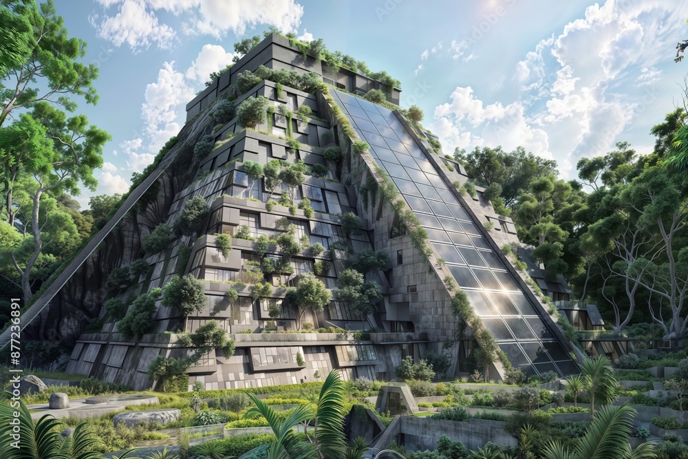 Pyramid with solar panels. Description: A pyramid-shaped building with solar panels on top, surrounded by trees. Pyramid with solar panels. Description: A pyramid-shaped building with solar panels on top, surrounded by trees.