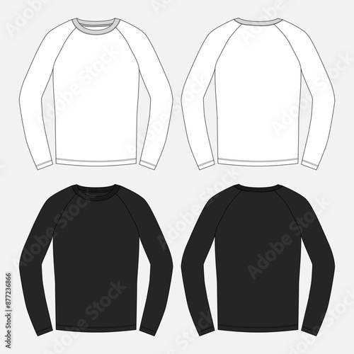 Raglan Long sleeve t shirt technical drawing fashion flat sketch vector illustration white  and black color template front and back views