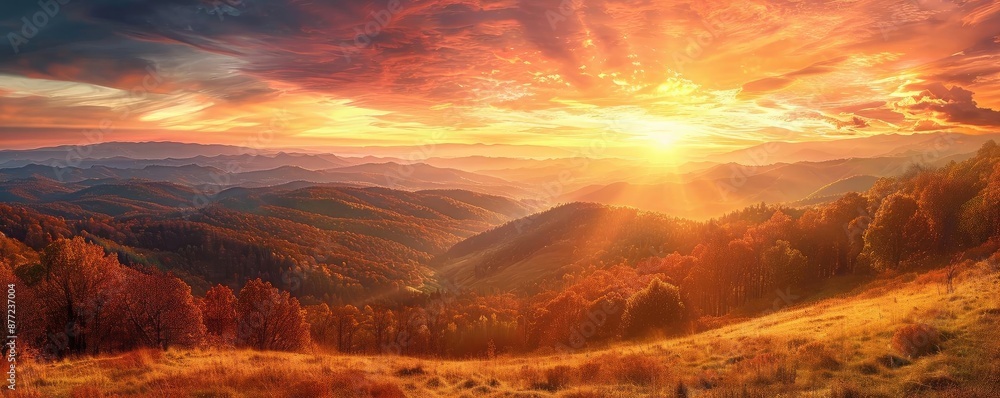 Fototapeta premium Breathtaking panoramic view of a vibrant sunset over rolling hills and valleys, with golden light illuminating the landscape in autumn.