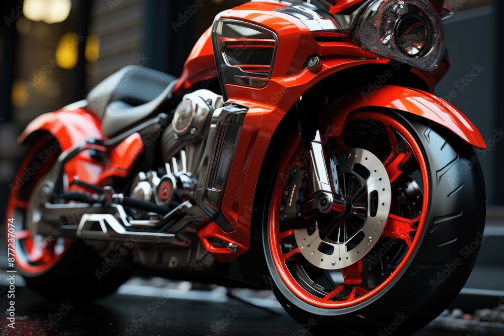 American Hopper Motorcycle CloseUp. chrome pieces and red body, generative IA American Hopper Motorcycle CloseUp. chrome pieces and red body, generative IA