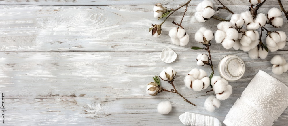Fototapeta premium A serene display of white cotton beauty tools like towels pads and buds with cotton flowers on a grey wooden surface ideal for skincare concepts with copy space image