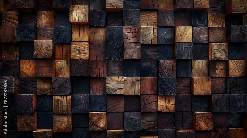 wall of wood blocks stacked in various shades of brown and dark tones, high resolution professional photograph. wall of wood blocks stacked in various shades of brown and dark tones, high resolution professional photograph.