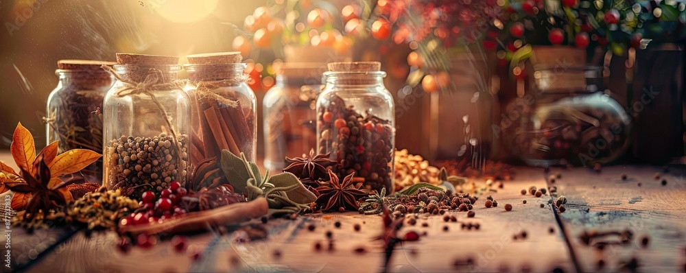 A rustic kitchen scene featuring glass jars filled with colorful spices and herbs on a wooden table, with warm sunlight streaming in. A rustic kitchen scene featuring glass jars filled with colorful spices and herbs on a wooden table, with warm sunlight streaming in.