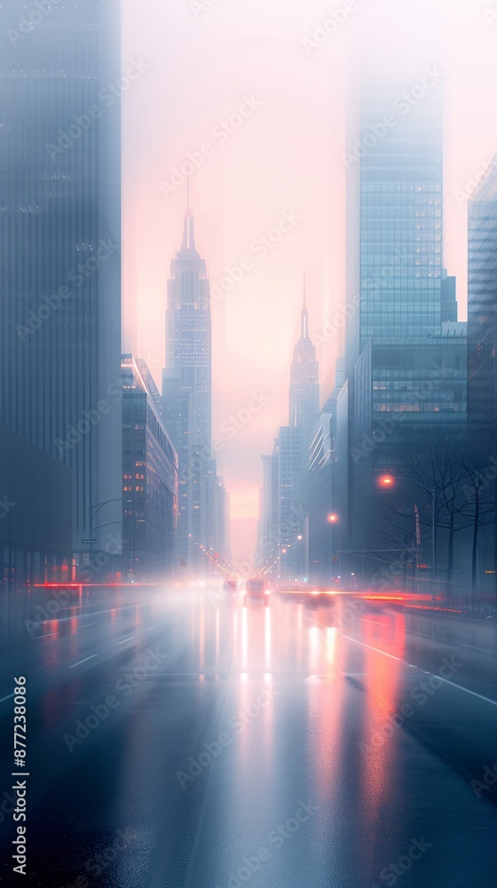Misty City Street at Dawn with Skyscrapers and Light Trails in Urban Scene Misty City Street at Dawn with Skyscrapers and Light Trails in Urban Scene