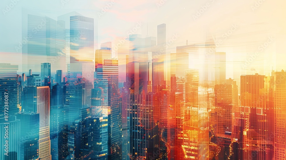 Abstract Modern Business Background with Cityscape Double Exposure Abstract Modern Business Background with Cityscape Double Exposure