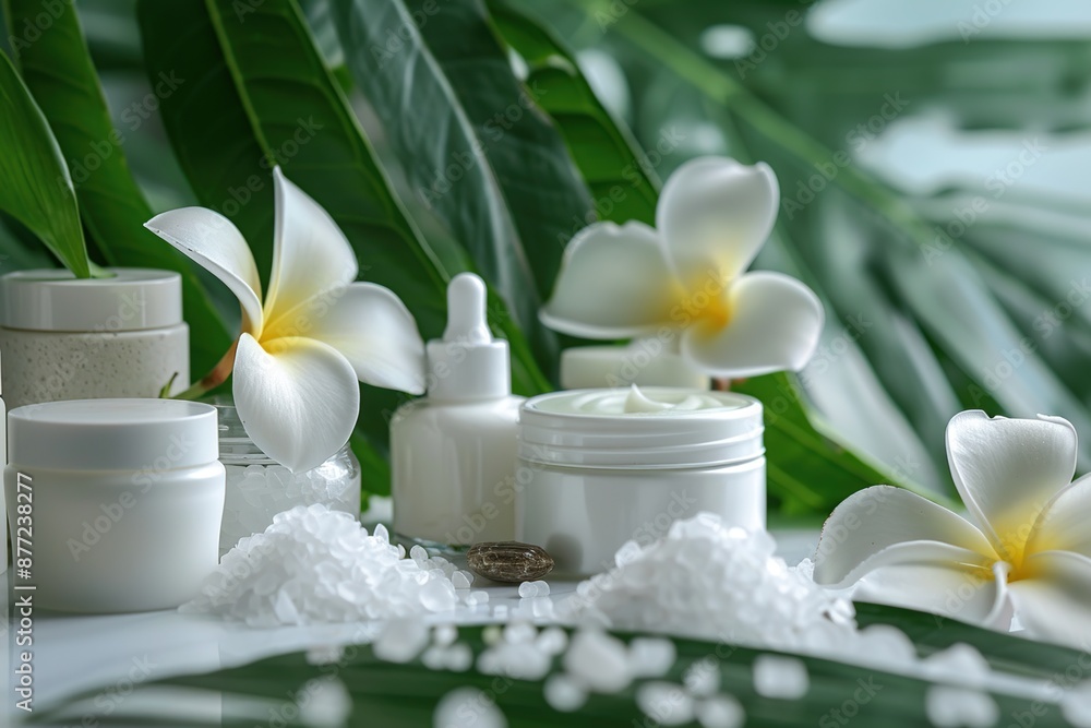 Spa Products with Tropical Flowers and Green Leaves Spa Products with Tropical Flowers and Green Leaves