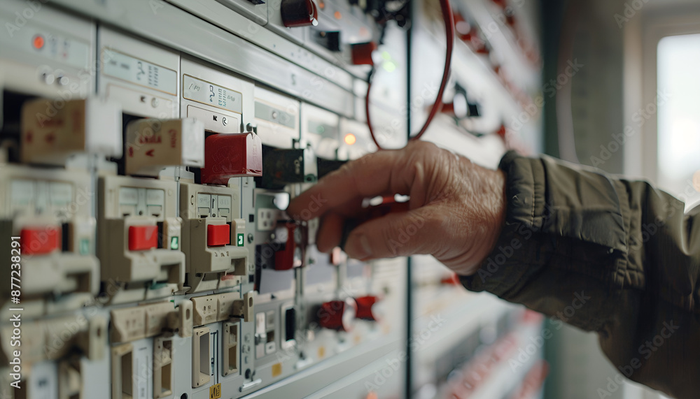 Electrician switching off circuit breakers in fuse box, closeup Electrician switching off circuit breakers in fuse box, closeup