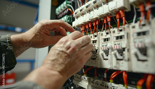 Electrician switching off circuit breakers in fuse box, closeup