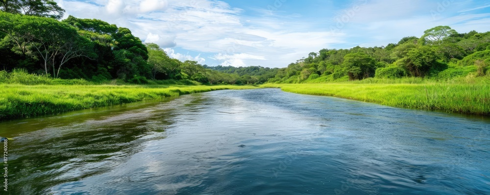 Obraz premium Riverside ecosystem with sustainable conservation practices, natural habitat preservation, eco-management