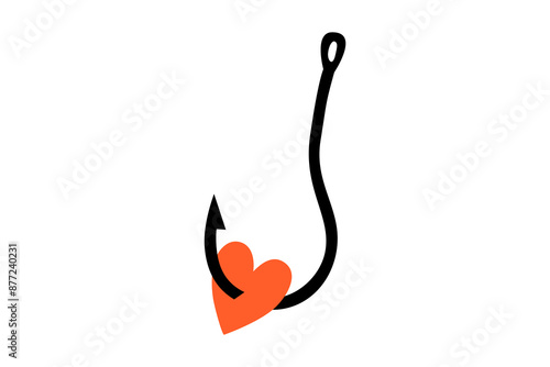 Hand drawn cute cartoon illustration of heart on fishing hook. Flat vector falling in love doodle style. Abusive relationships. Find perfect match icon. Dating app. Romantic false feelings. Isolated.