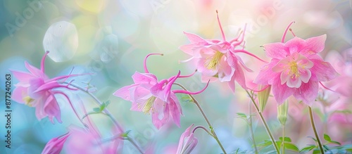 Blurry close up photo of pink columbine flowers known as granny s bonnet in a garden setting with selective focus creating an artistic copy space image