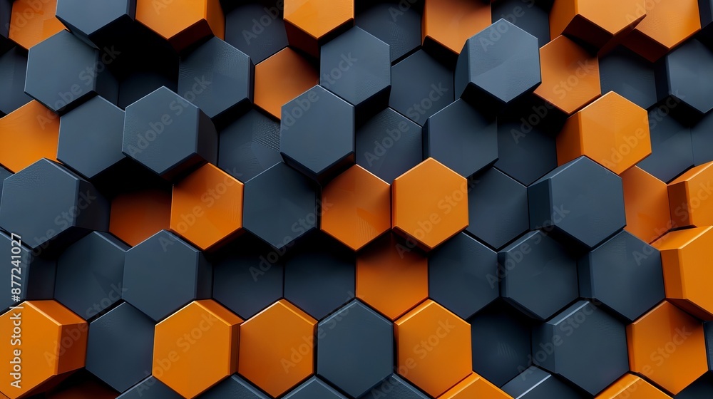 Abstract 3D Rendering of Black, Blue, and Orange Hexagonal Background Pattern Abstract 3D Rendering of Black, Blue, and Orange Hexagonal Background Pattern