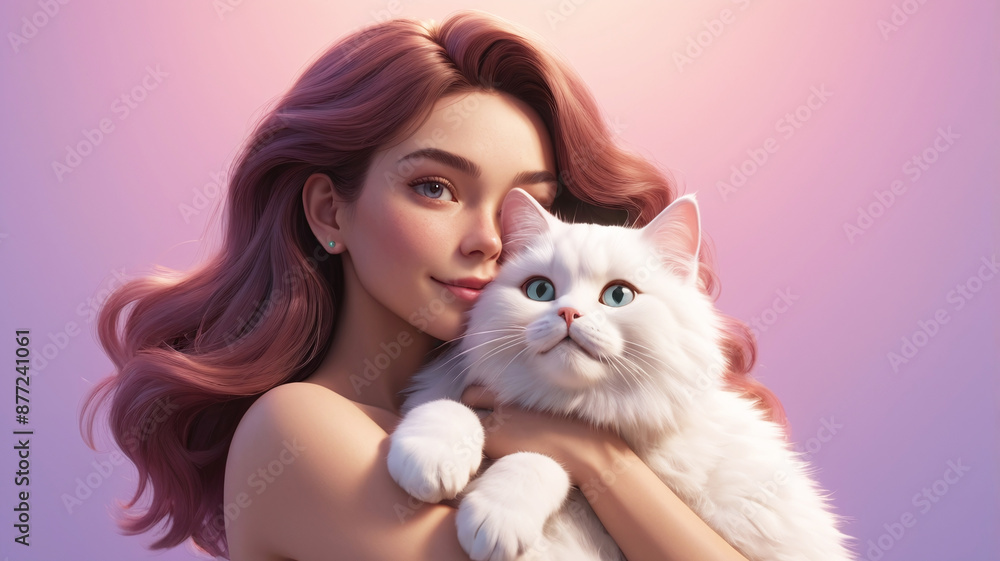 Beautiful woman embracing fluffy white cat on pastel background Beautiful woman embracing fluffy white cat on pastel background