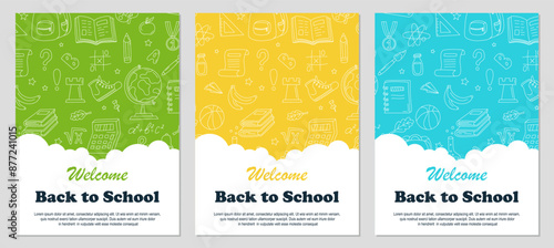 Back to school poster set. Back to School Social Media Template Collection with hand draw doodle background. Posters or covers set in trendy doodle style with school stationery, supplies