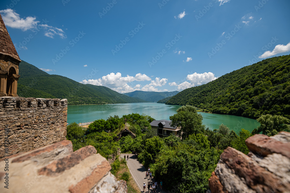 Ananuri fortress complex with medieval orthodox church in Georgia. Ananuri Castle on the Aragvi river. Ananuri fortress complex with medieval orthodox church in Georgia. Ananuri Castle on the Aragvi river.