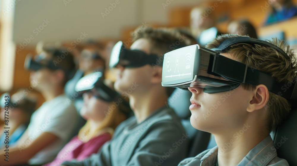 A group of students tests virtual reality simulator glasses. A group of students tests virtual reality simulator glasses.