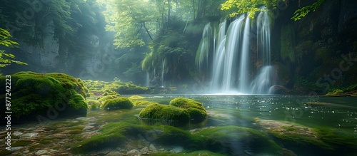Majestic Waterfall Cascading Through Lush Green Forest Landscape © kiatipol