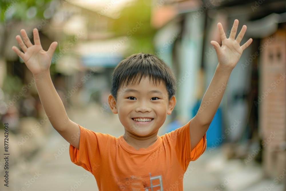 Smiling young boy with arms up in excitement stands on a sunny street, expressing happiness Smiling young boy with arms up in excitement stands on a sunny street, expressing happiness