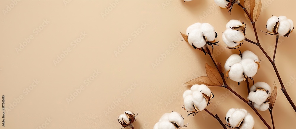 Beige background with cotton flowers in flat lay composition allowing for text in the copy space image Beige background with cotton flowers in flat lay composition allowing for text in the copy space image