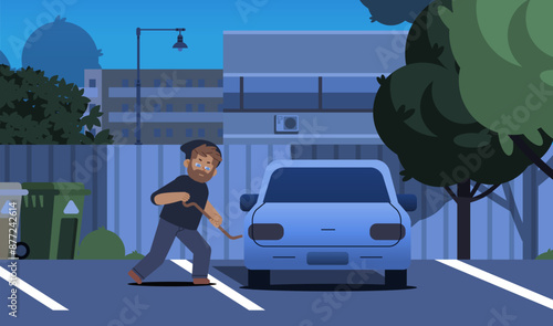 Car thief breaks into vehicle in parking lot at night. Flat vector illustration