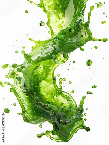 green liquid splashing and dripping on white background - abstract design element.