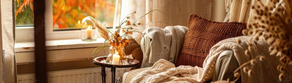 Cozy autumn reading nook with a comfy chair, warm blanket, and fall foliage seen through the window, perfect for relaxing and enjoying the season. Cozy autumn reading nook with a comfy chair, warm blanket, and fall foliage seen through the window, perfect for relaxing and enjoying the season.