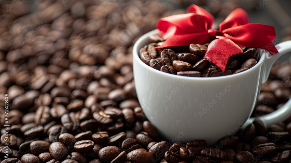 Fototapeta premium aromatic coffee beans in white cup with decoration of a red bow, spilled coffee beans, artistic decoration. copy space. coffee day